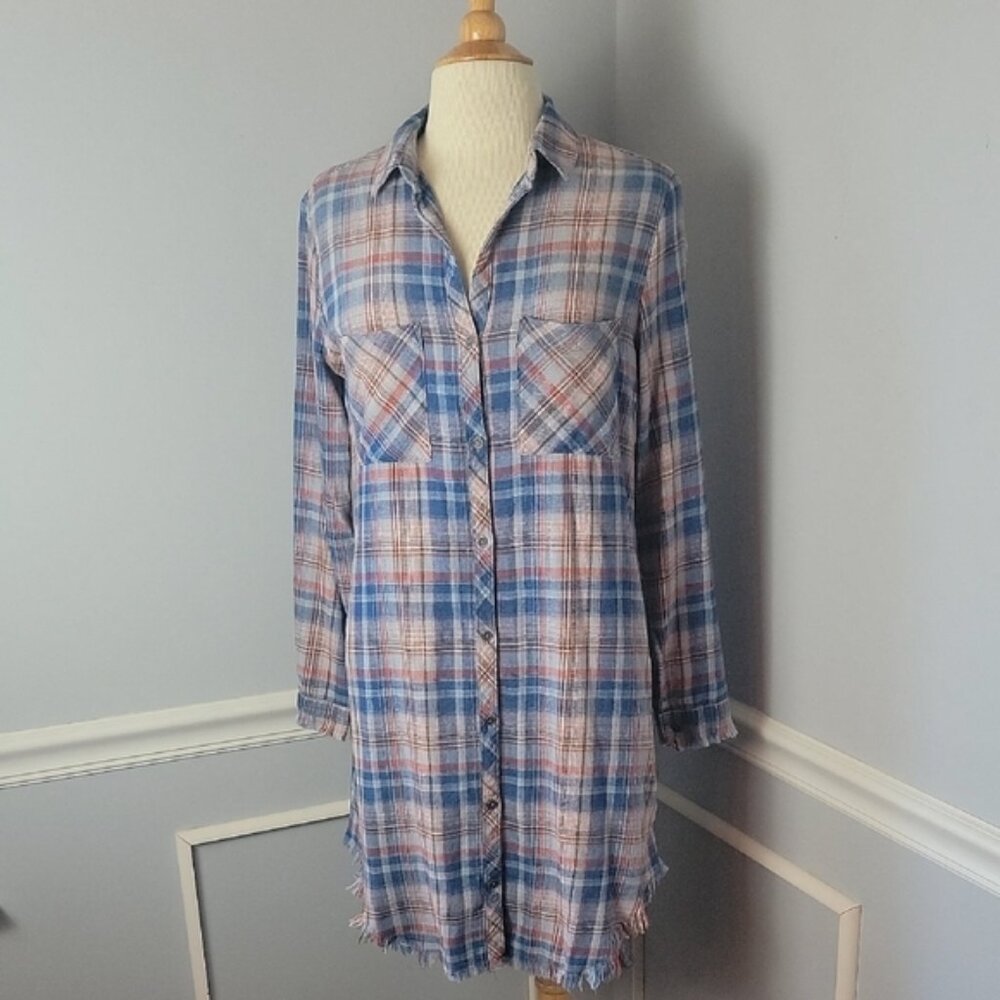 CLOTH &‎ STONE | ANTHRO Blue Plaid Flannel Western Raw Hem Rodeo Shirt Dress S